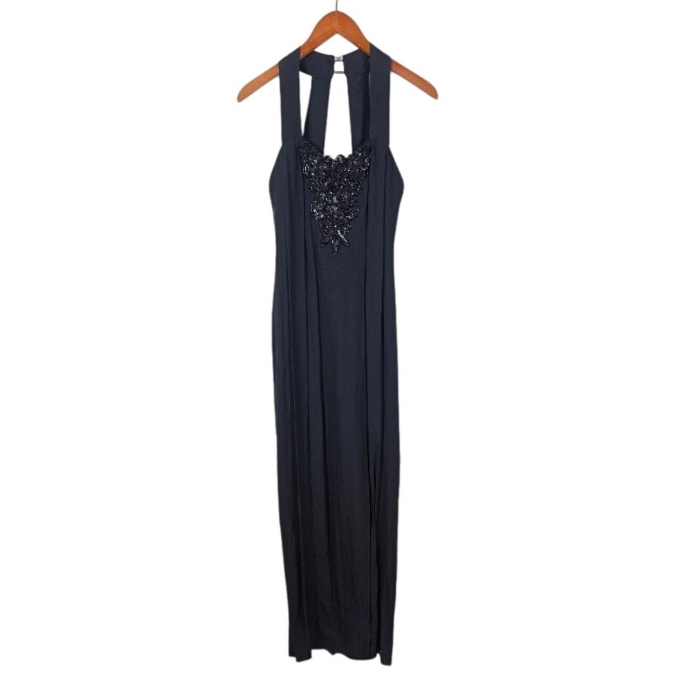 Jump Apparel Maxi Dress Womens 9/10 Black Beaded Sequin Halter Vintage Prom Gown